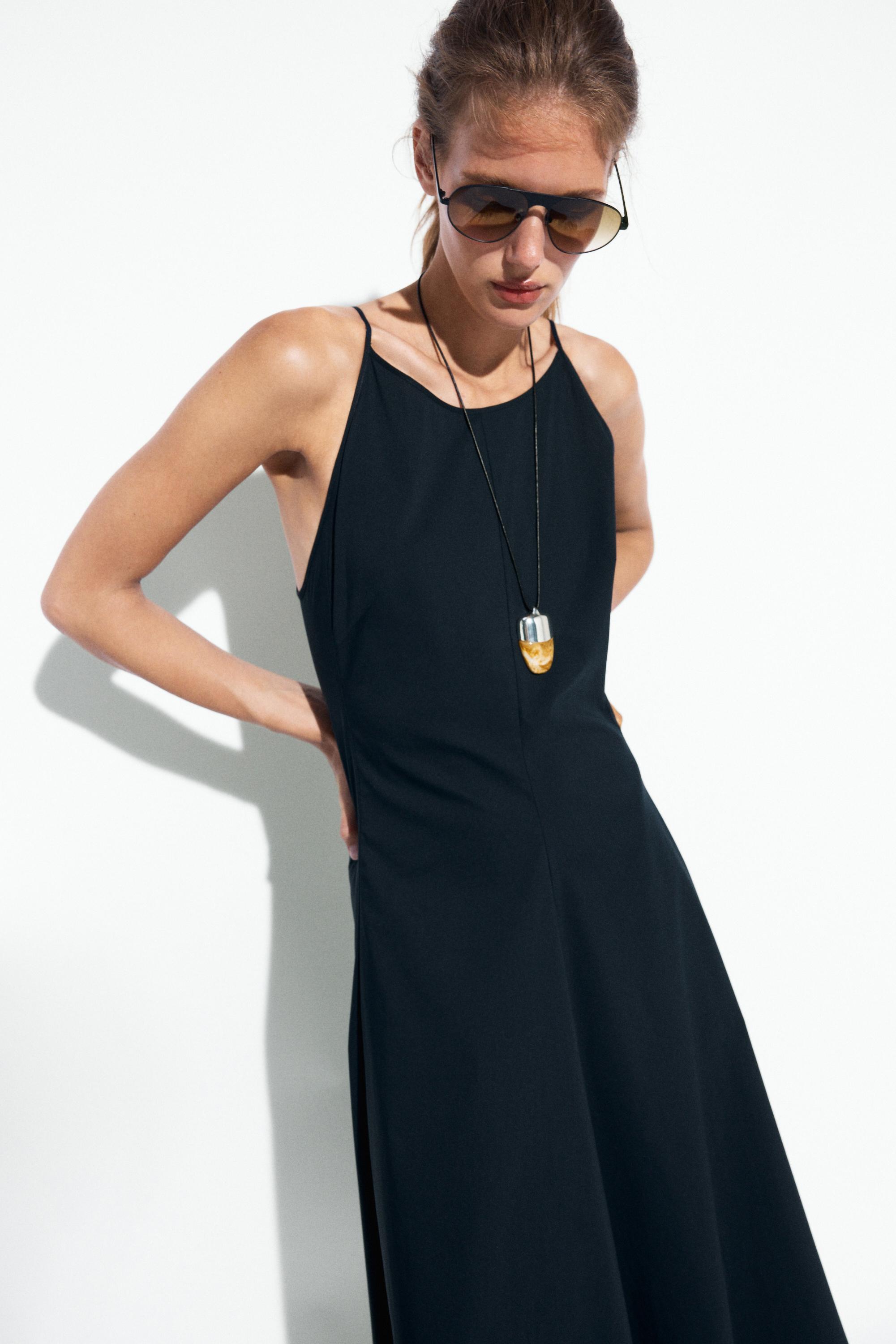 Cotton blend poplin spaghetti strap dress